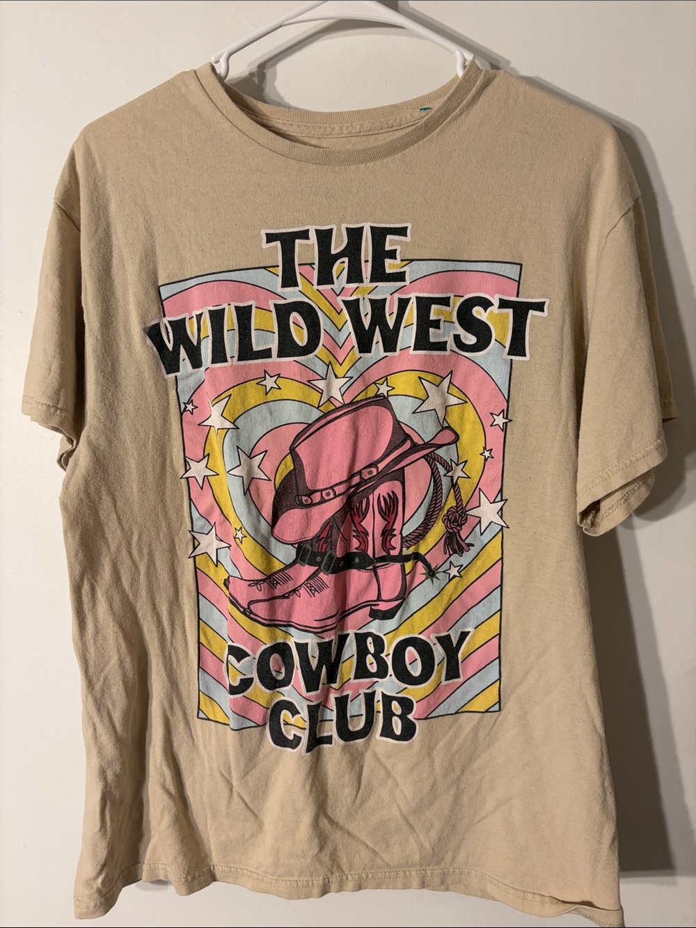 The Wild West Cowboy Club Short Sleeve Tee - Beige with Pink Graphic